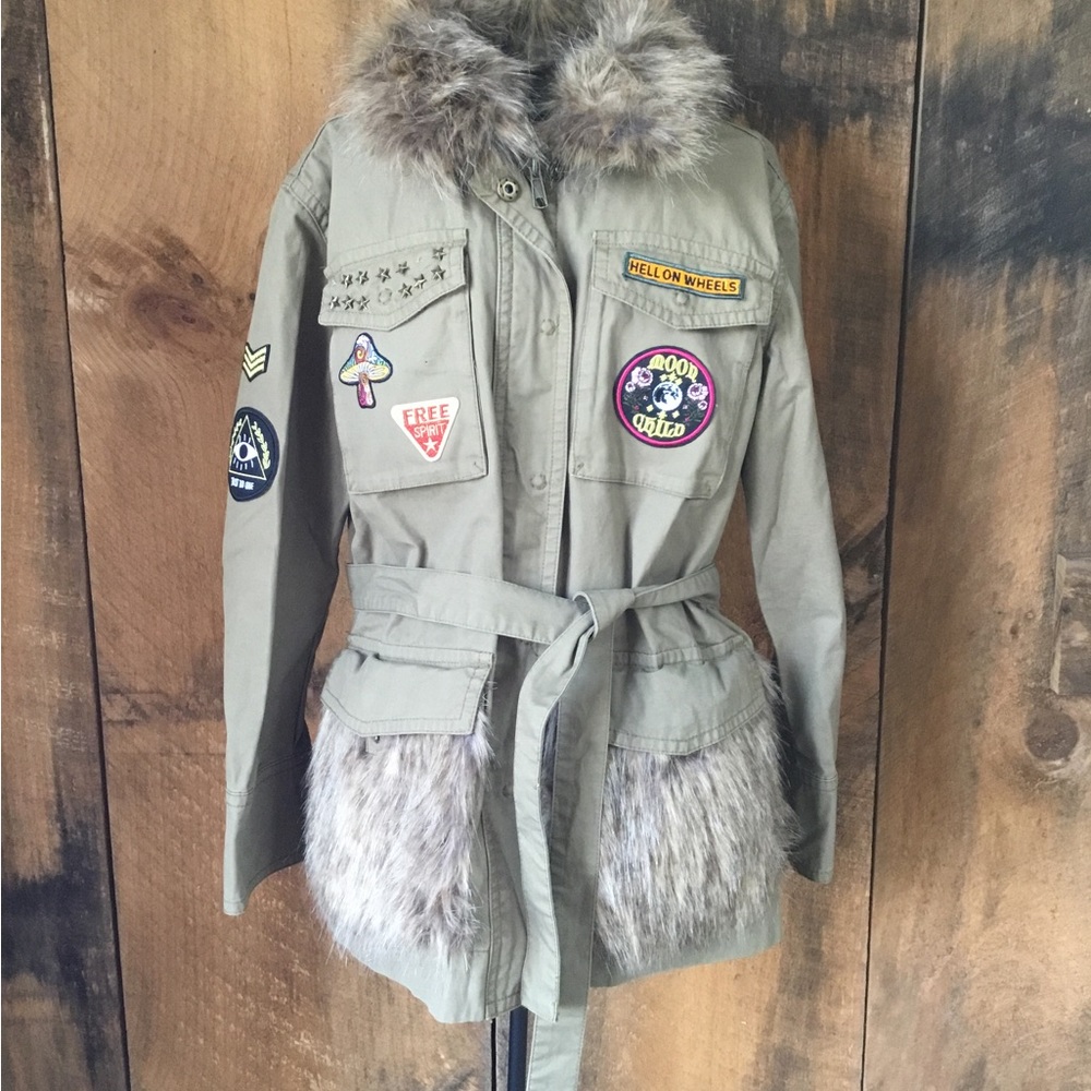 Upcycled Military Army Faux Fur Jacket